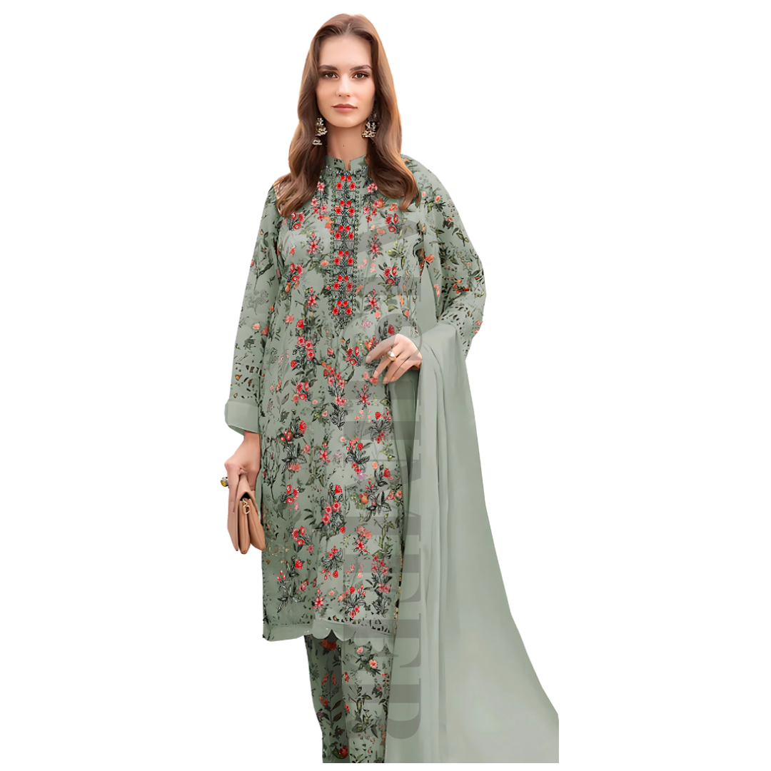 GREY GREEN COLOUR DIGITAL PRINTED LAWN SHIRT WITH SEQUENCE NECK EMB.
