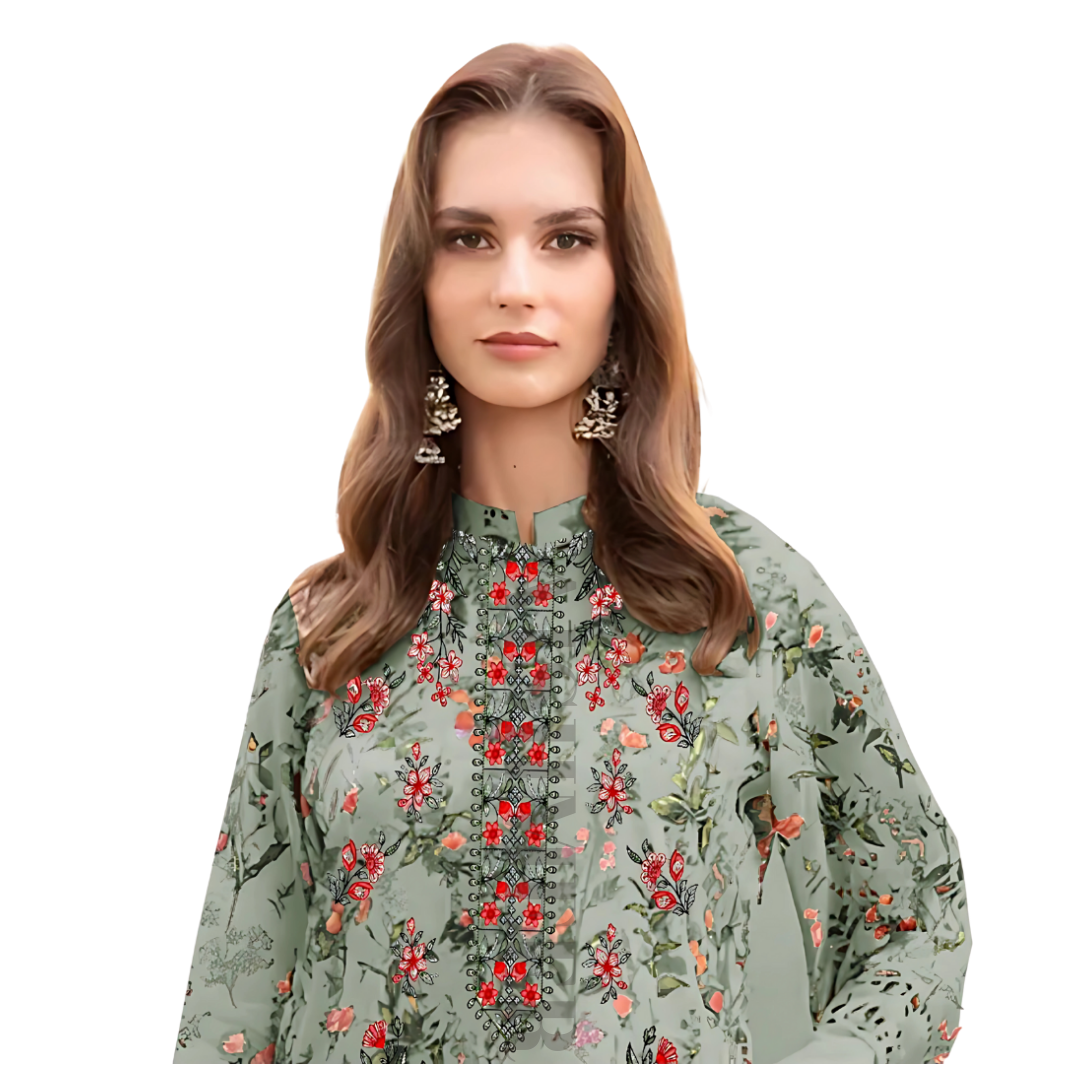 GREY GREEN COLOUR DIGITAL PRINTED LAWN SHIRT WITH SEQUENCE NECK EMB.