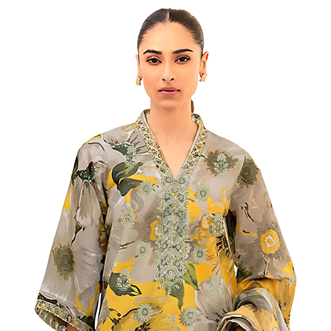 YELLOW PEACH COLOUR DIGITAL PRINTED LAWN SHIRT WITH SEQUENCE NECK EMB.