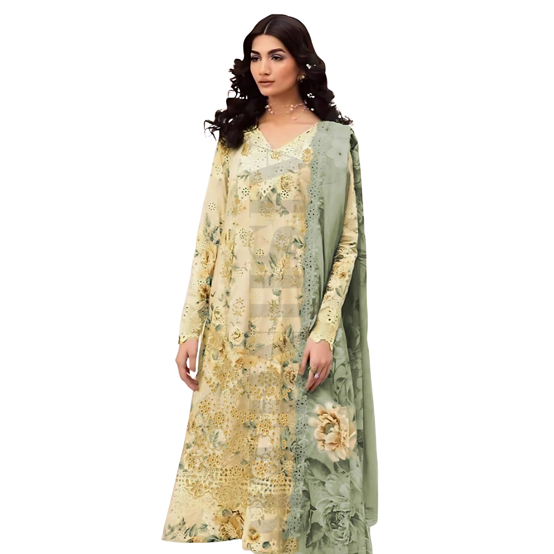 GREY ORANGE COLOUR DIGITAL PRINTED LAWN SHIRT WITH SEQUENCE NECK EMB.