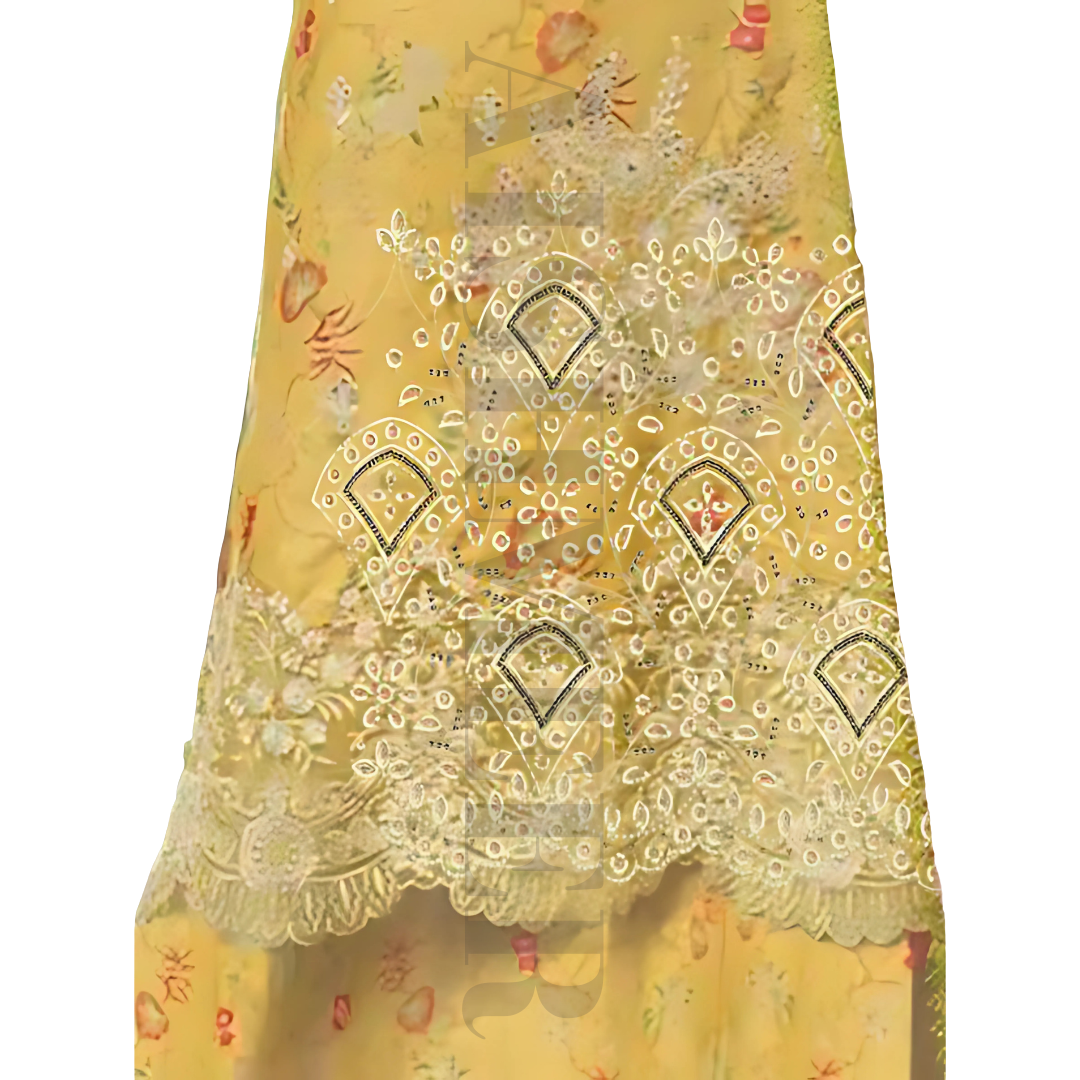 YELLOW COLOUR DIGITAL PRINTED LAWN SHIRT WITH SEQUENCE NECK EMB.
