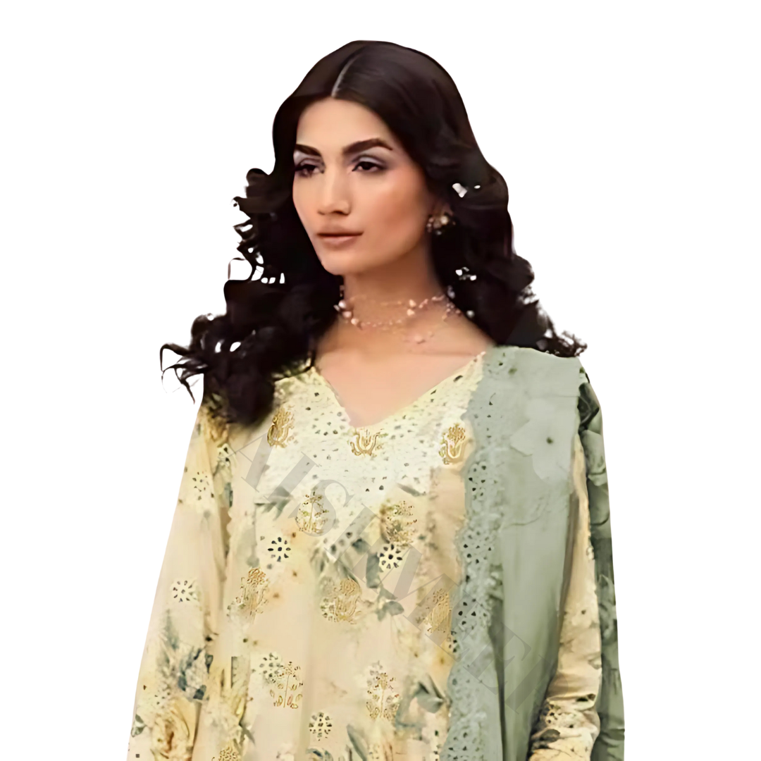 GREY ORANGE COLOUR DIGITAL PRINTED LAWN SHIRT WITH SEQUENCE NECK EMB.