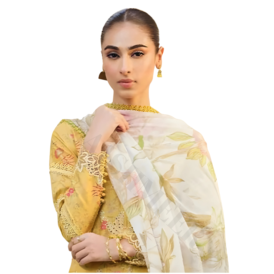 YELLOW COLOUR DIGITAL PRINTED LAWN SHIRT WITH SEQUENCE NECK EMB.