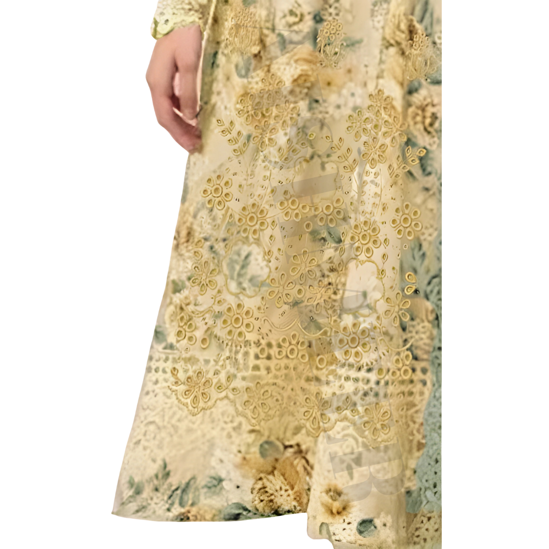 GREY ORANGE COLOUR DIGITAL PRINTED LAWN SHIRT WITH SEQUENCE NECK EMB.