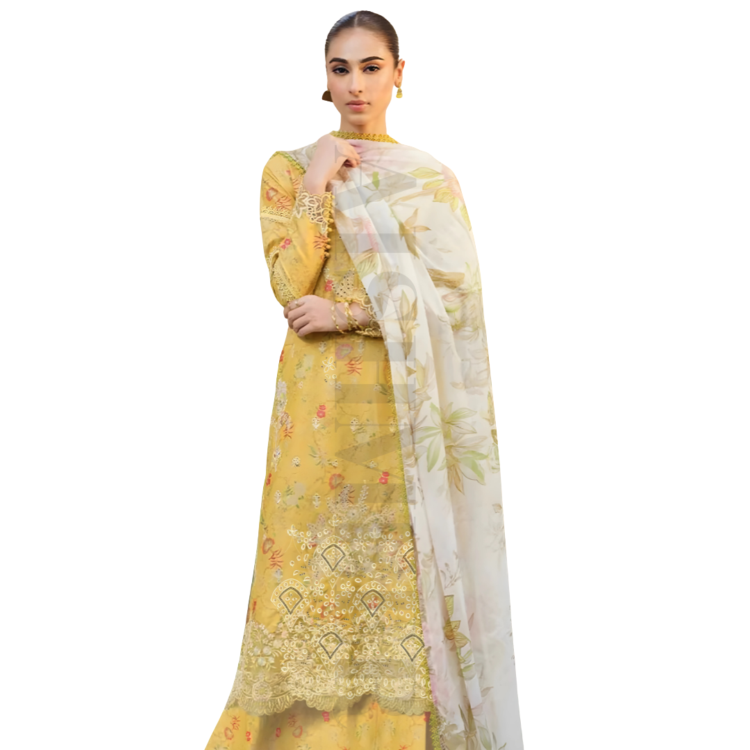 YELLOW COLOUR DIGITAL PRINTED LAWN SHIRT WITH SEQUENCE NECK EMB.
