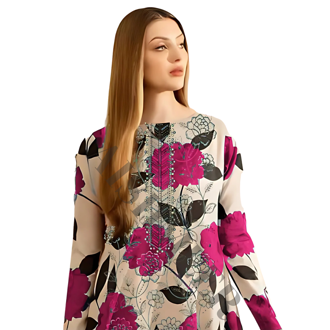 PINK COLOUR DIGITAL PRINTED LAWN SHIRT WITH SEQUENCE NECK EMB.