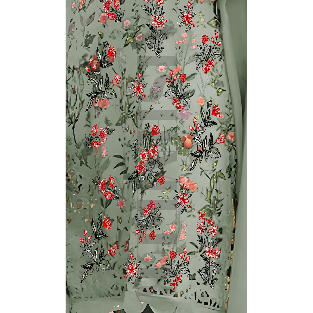 GREY GREEN COLOUR DIGITAL PRINTED LAWN SHIRT WITH SEQUENCE NECK EMB.