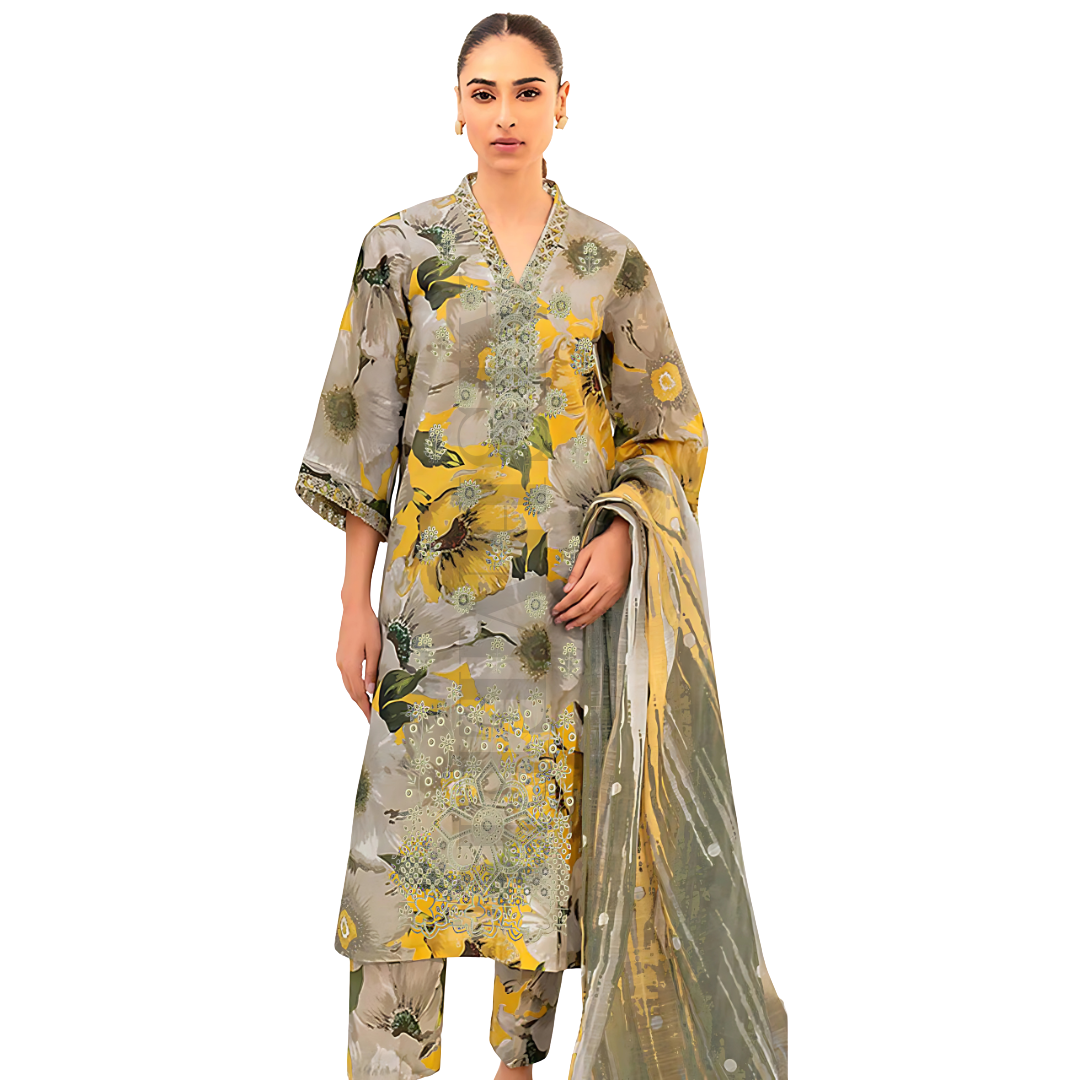 YELLOW PEACH COLOUR DIGITAL PRINTED LAWN SHIRT WITH SEQUENCE NECK EMB.