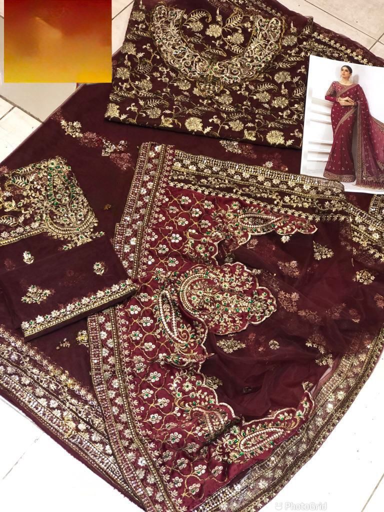 BRAND: MARIA.B saree net embroidered hand embellished luxury unstitched 3pc®️✓