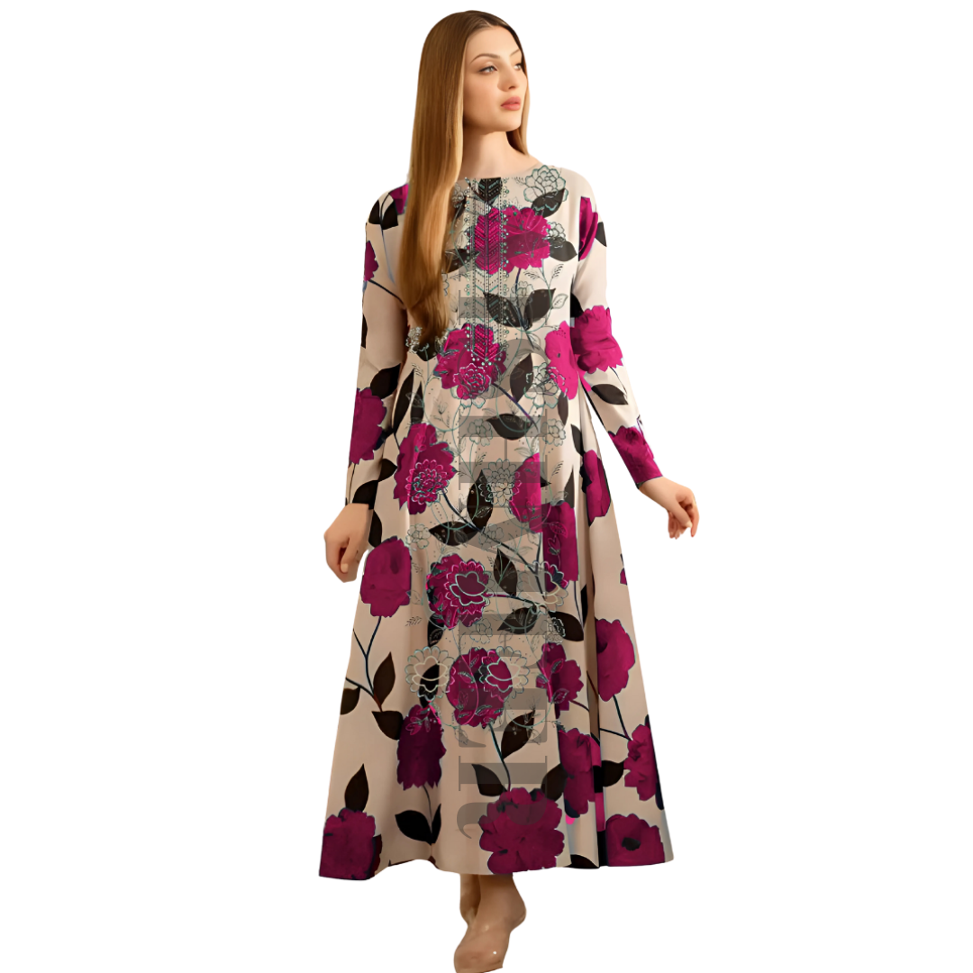 PINK COLOUR DIGITAL PRINTED LAWN SHIRT WITH SEQUENCE NECK EMB.