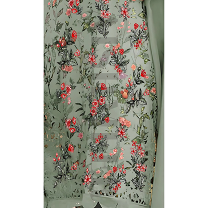 GREY GREEN COLOUR DIGITAL PRINTED LAWN SHIRT WITH SEQUENCE NECK EMB.