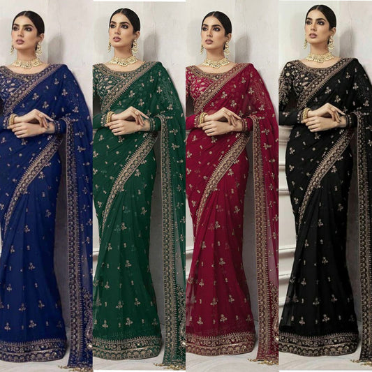 BRAND: MARIA.B saree net embroidered hand embellished luxury unstitched 3pc®️✓