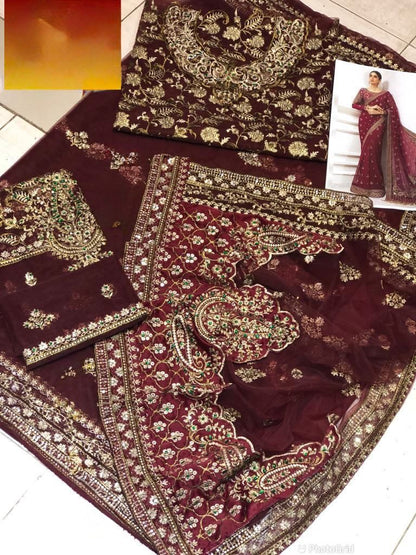 BRAND: MARIA.B saree net embroidered hand embellished luxury unstitched 3pc®️✓