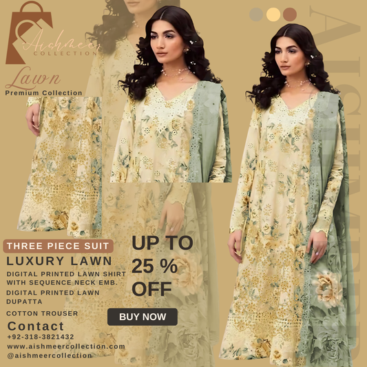 GREY ORANGE COLOUR DIGITAL PRINTED LAWN SHIRT WITH SEQUENCE NECK EMB.