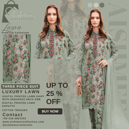 GREY GREEN COLOUR DIGITAL PRINTED LAWN SHIRT WITH SEQUENCE NECK EMB.