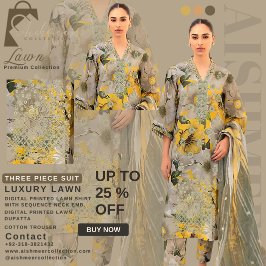 YELLOW PEACH COLOUR DIGITAL PRINTED LAWN SHIRT WITH SEQUENCE NECK EMB.