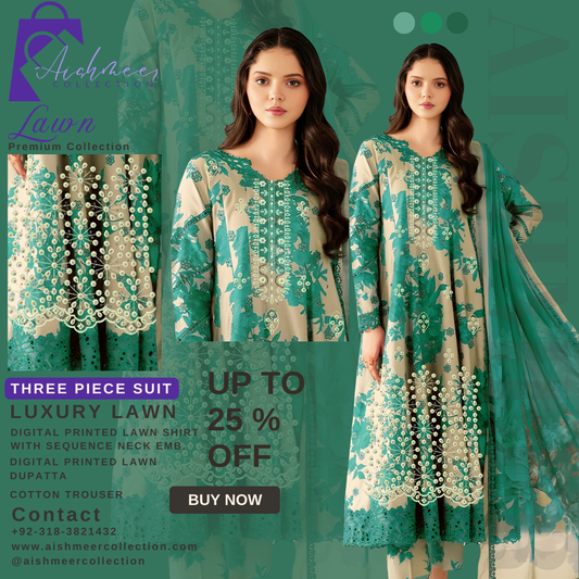 DIGITAL PRINTED LAWN SHIRT WITH SEQUENCE NECK EMB.