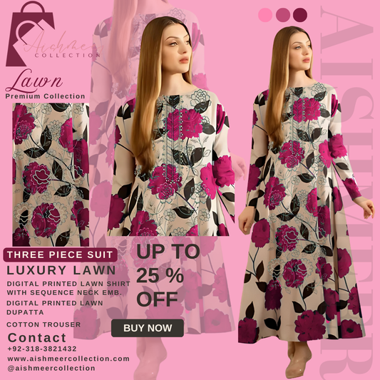 PINK COLOUR DIGITAL PRINTED LAWN SHIRT WITH SEQUENCE NECK EMB.