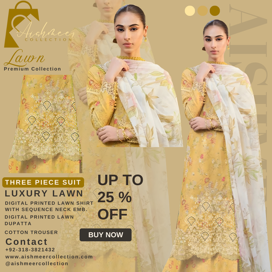 YELLOW COLOUR DIGITAL PRINTED LAWN SHIRT WITH SEQUENCE NECK EMB.