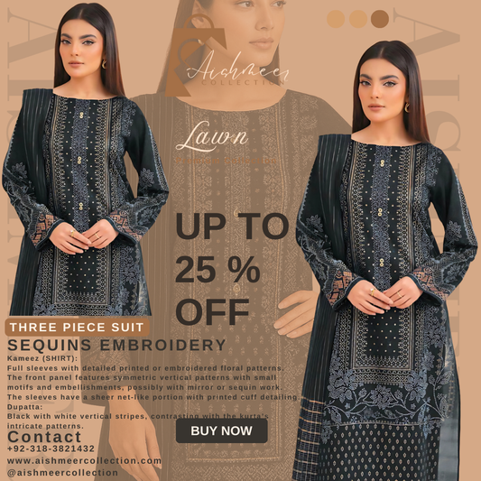 "Black Lawn Three Piece Suit with Sequins Embroidery – Aishmeer Collection"
